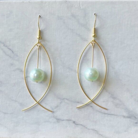 Gold Fish Earrings with Hanging Aqua Faux Pearl Bead - Picture 1 of 3